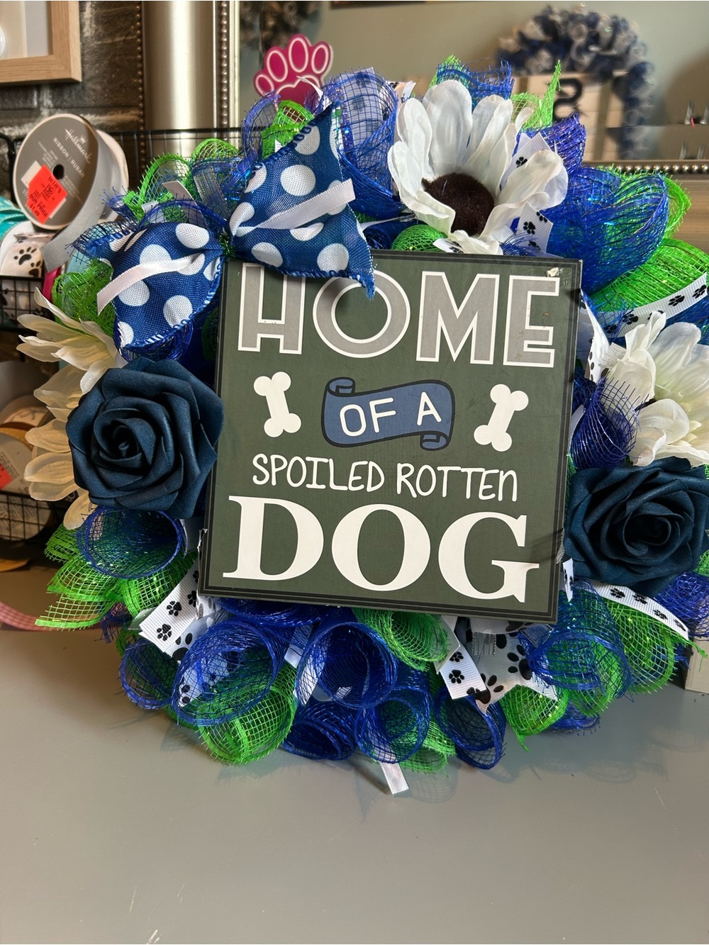 Hand Crafted Blue and Green "Home of a Spoiled Rotten Dog" Wreath